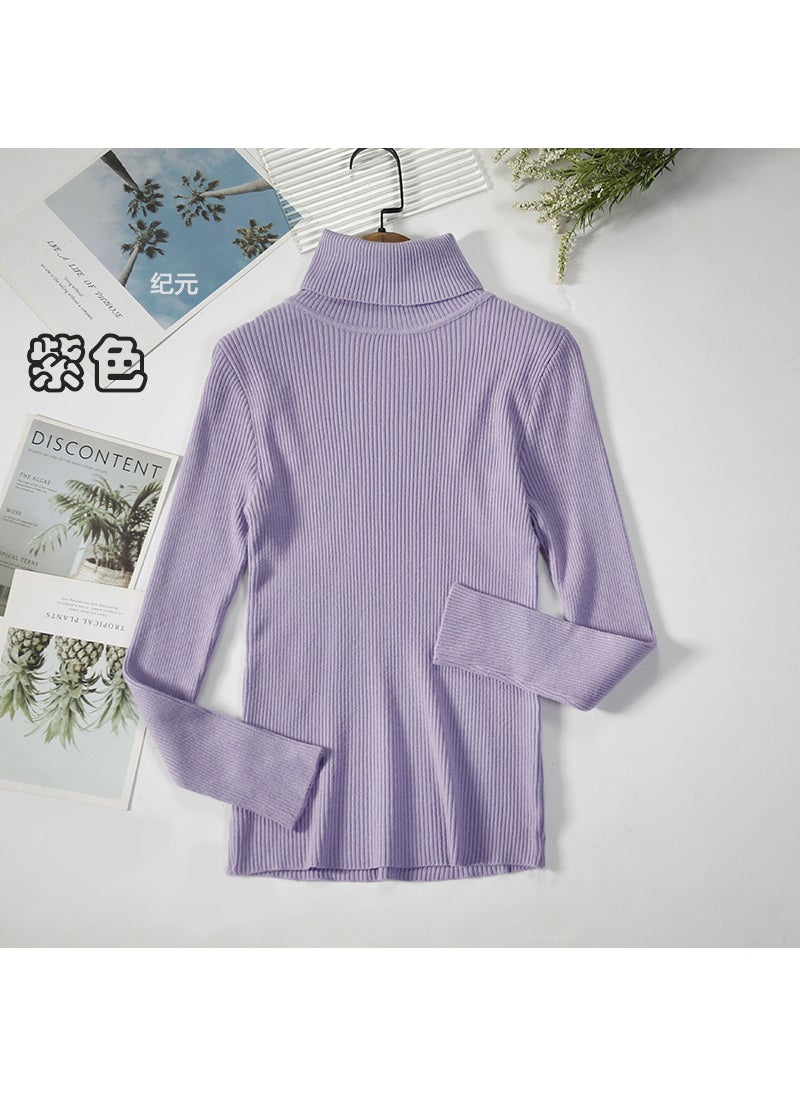 Long Sleeve Turtleneck Sweater Slim-Fit KnitPurple Purple