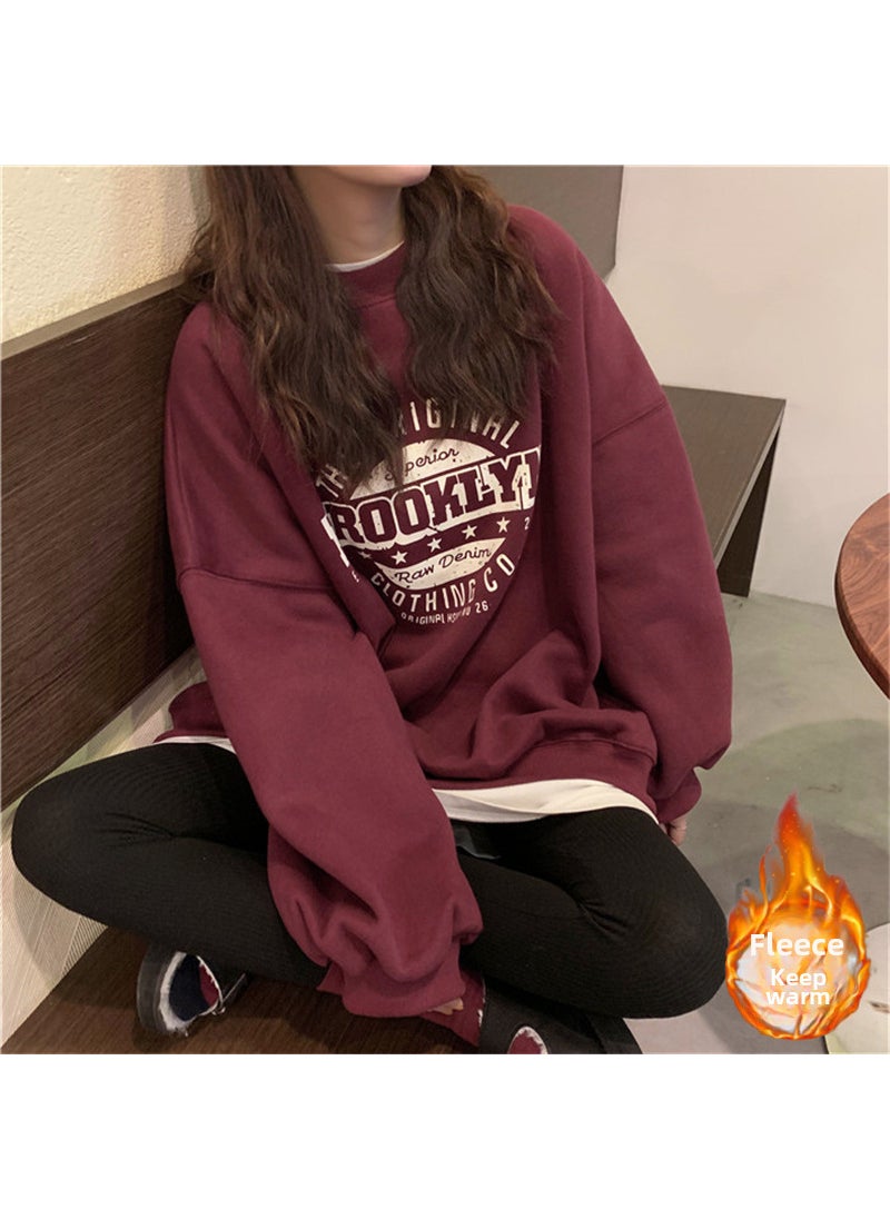 2024 Autumn Korean Letter Loose Ladies Sweater Burgundy velvet