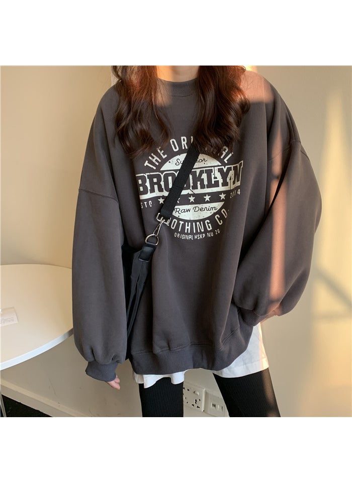 2024 Autumn Korean Letter Loose Ladies Sweater Dark gray