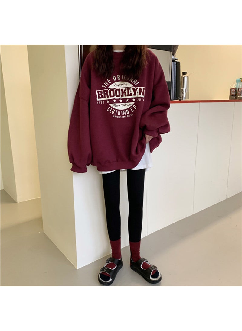 2024 Autumn Korean Letter Loose Ladies Sweater Burgundy