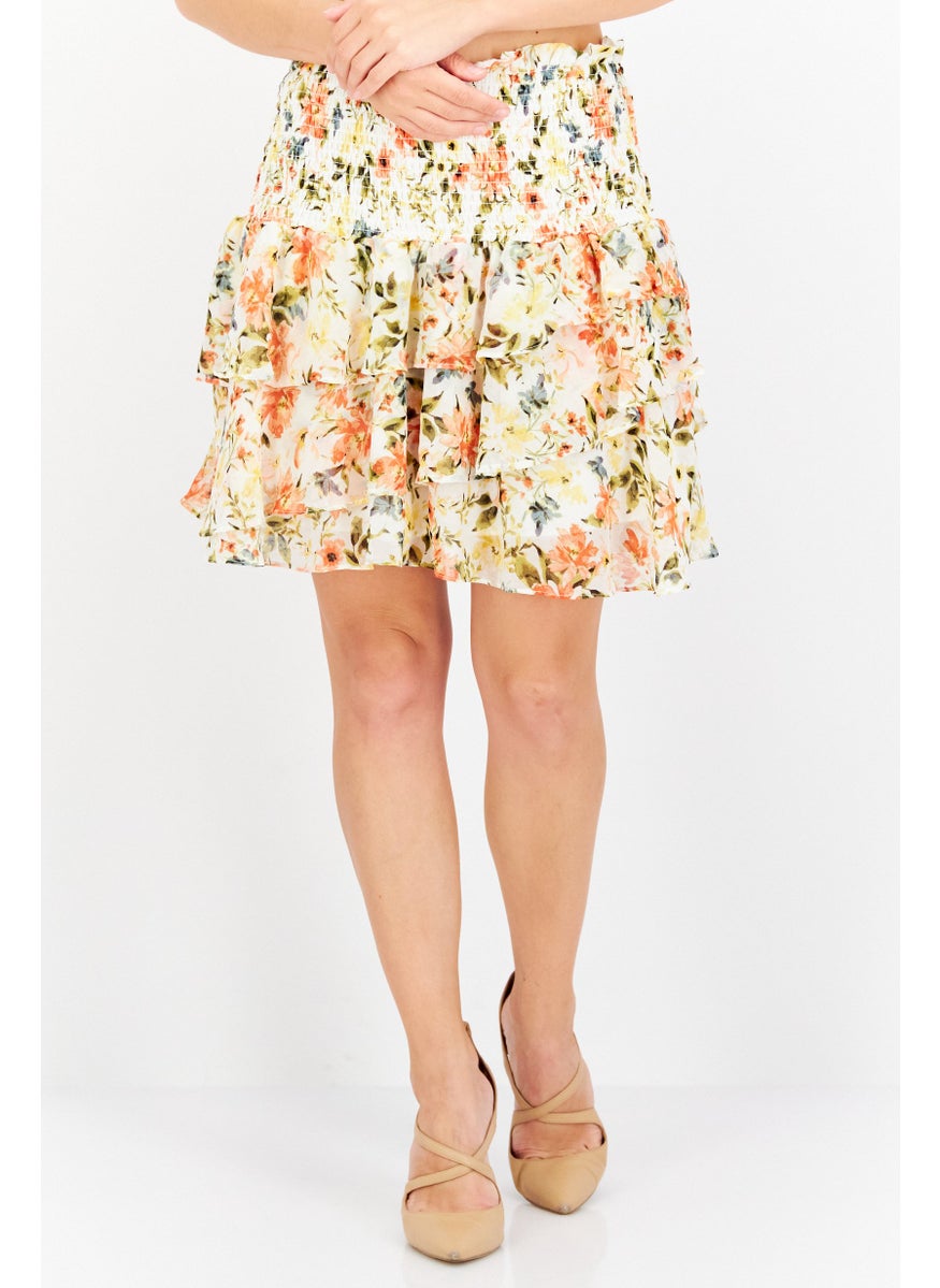 Women Floral Print Mini Skirt, White Combo
