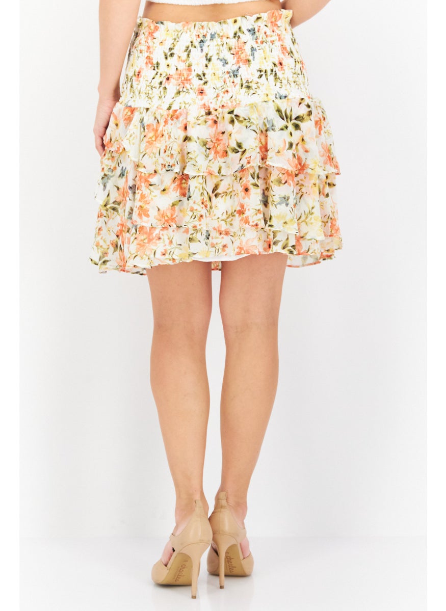 Women Floral Print Mini Skirt, White Combo