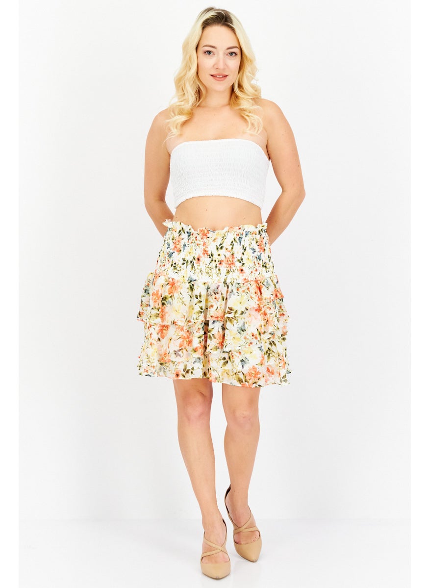 Women Floral Print Mini Skirt, White Combo
