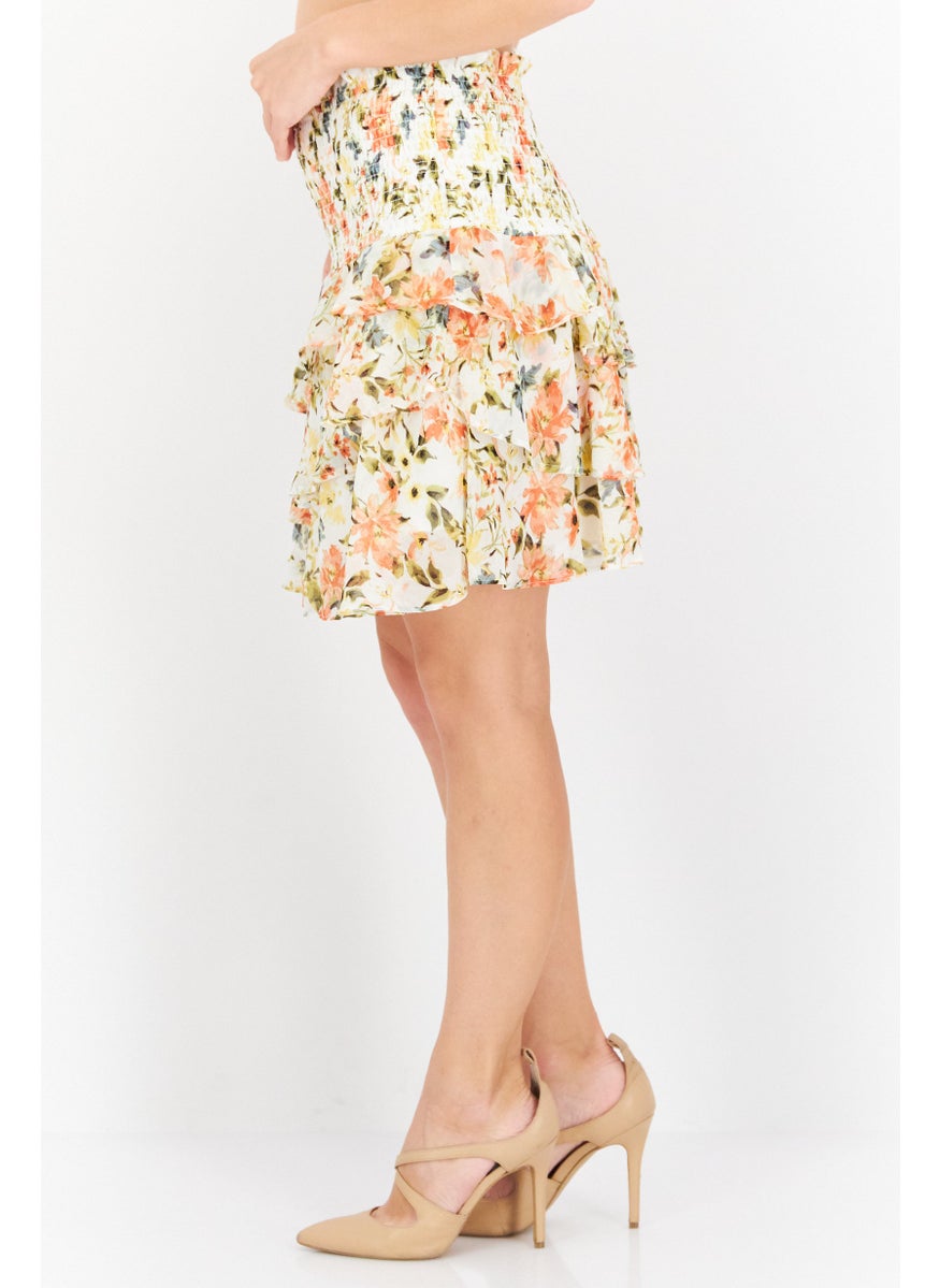 Women Floral Print Mini Skirt, White Combo