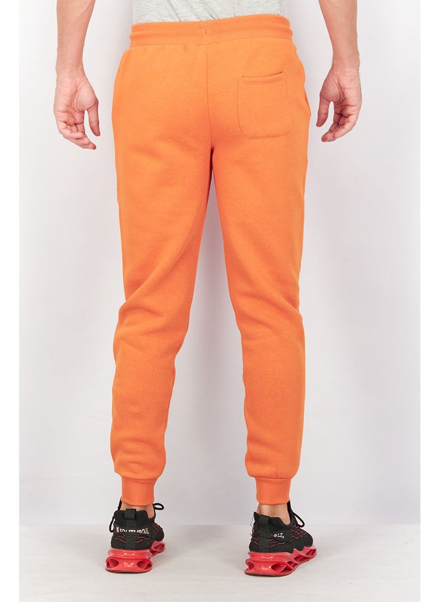 Men Regular Fit Drawstring Brand Logo Pants, Pumpkin