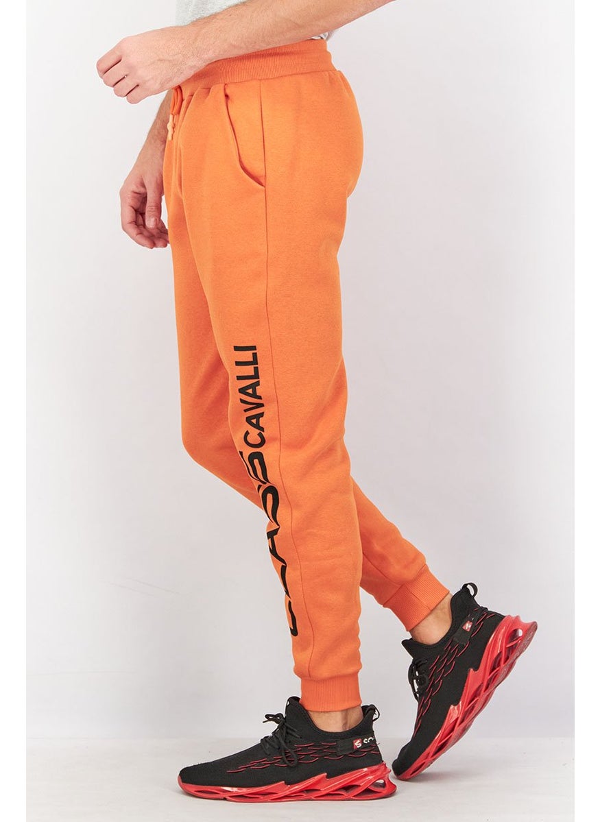 Men Regular Fit Drawstring Brand Logo Pants, Pumpkin