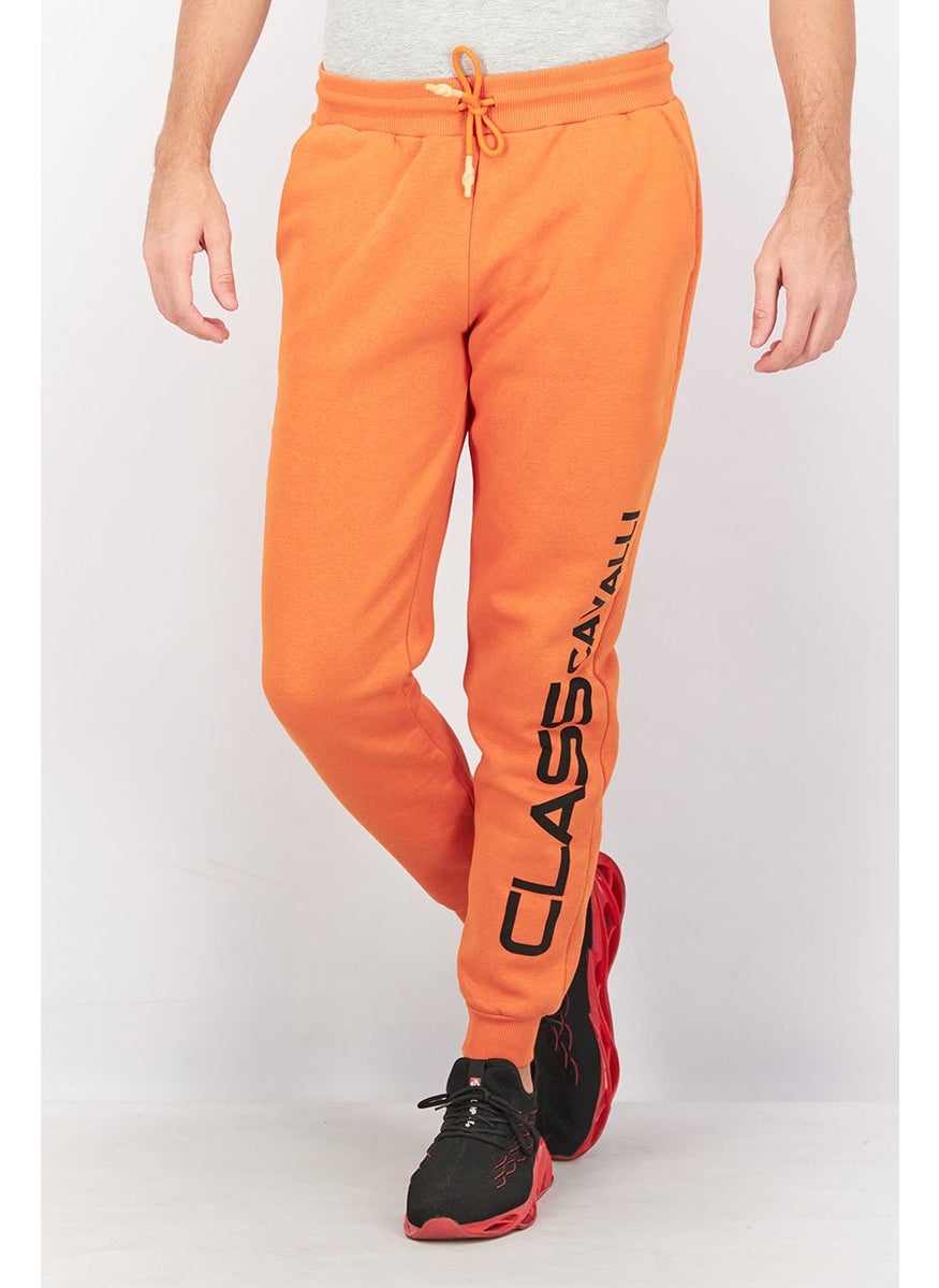 Men Regular Fit Drawstring Brand Logo Pants, Pumpkin