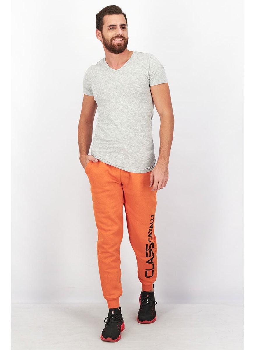 Men Regular Fit Drawstring Brand Logo Pants, Pumpkin
