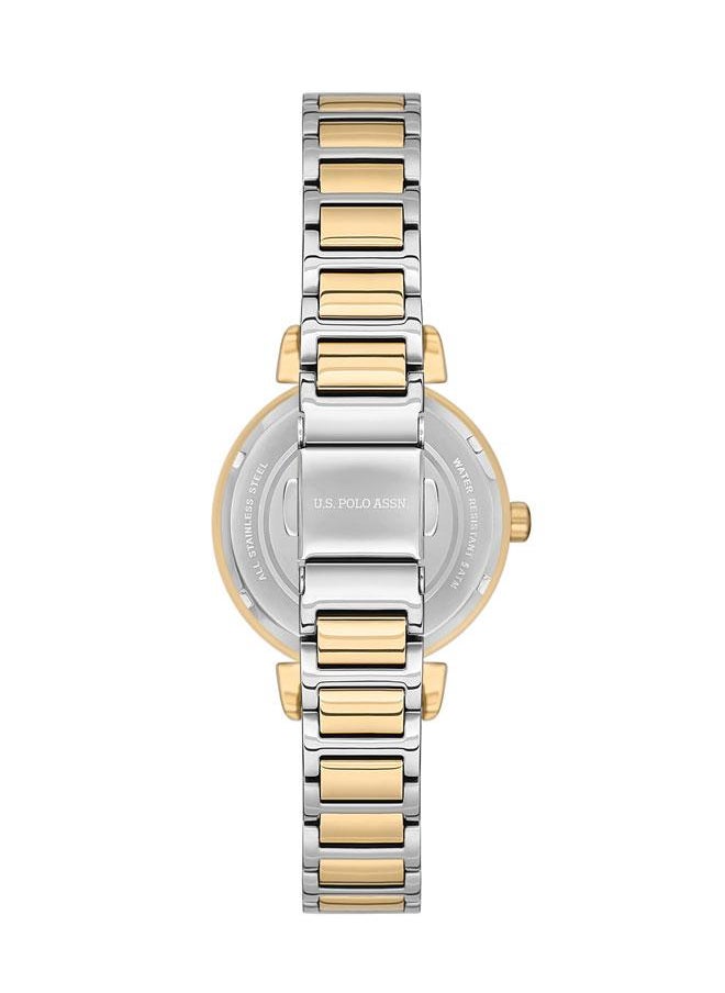 U.S. Polo Assn. Stile 32mm Ladies' Watch with Bold Green Dial & Stone-Studs, Gold Stainless Steel Dual-Tone Band - USPA2070-05, Elegant Sophistication