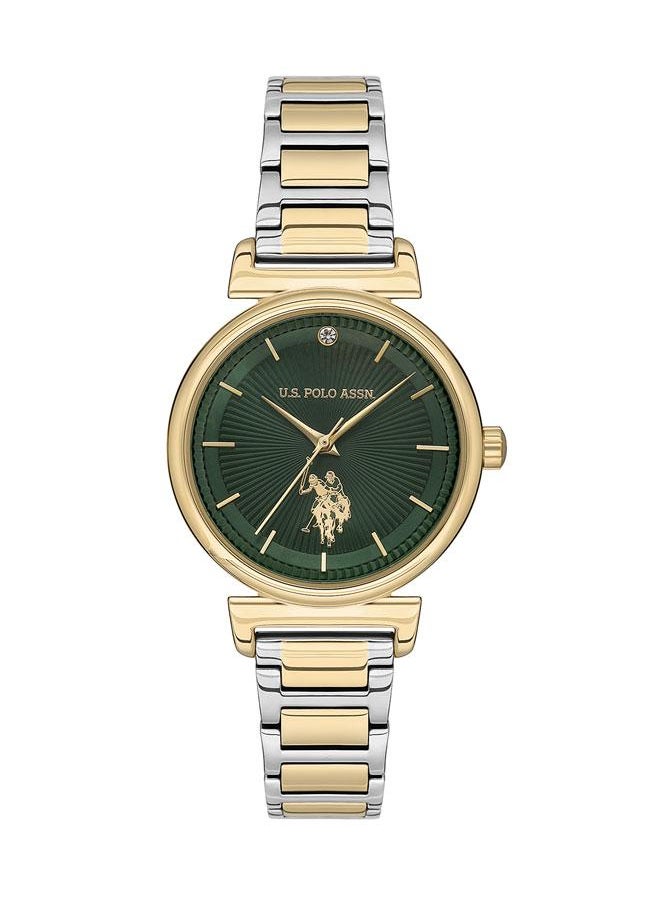 U.S. Polo Assn. Stile 32mm Ladies' Watch with Bold Green Dial & Stone-Studs, Gold Stainless Steel Dual-Tone Band - USPA2070-05, Elegant Sophistication