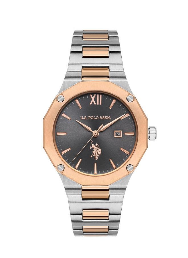 U.S. Polo Assn. Stile 36mm Ladies' Dark Gradient Grey Dial Watch with Two-Tone Rose Gold & Silver Band - Timeless Elegance