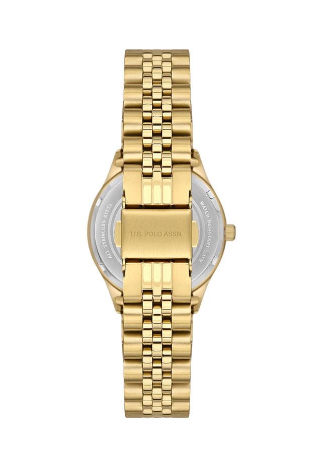 U.S. Polo Assn. Fundamental 32mm Ladies' Gold Dial Watch with Sleek Gold Stainless Steel Band - Elegant & Stylish