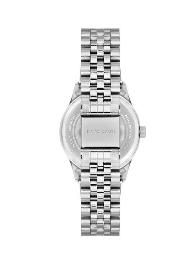 U.S. Polo Assn. Stile Ladies' 30mm Watch with Blue Gradient Dial & Stone-Studded Design on Sleek Silver Stainless Steel Band - USPA2086-02, Modern Elegance for Stylish Women