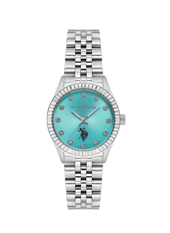 U.S. Polo Assn. Stile Ladies' 30mm Watch with Blue Gradient Dial & Stone-Studded Design on Sleek Silver Stainless Steel Band - USPA2086-02, Modern Elegance for Stylish Women