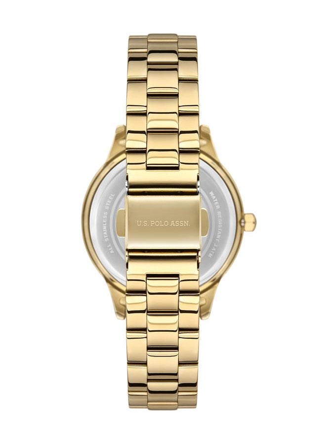 U.S. Polo Assn. Fundamental 36mm Ladies' Green Dial Watch with Gold Stainless Steel Band and Abstract Green Bezel - USPA2044-05, Boldly Stylish Sophistication