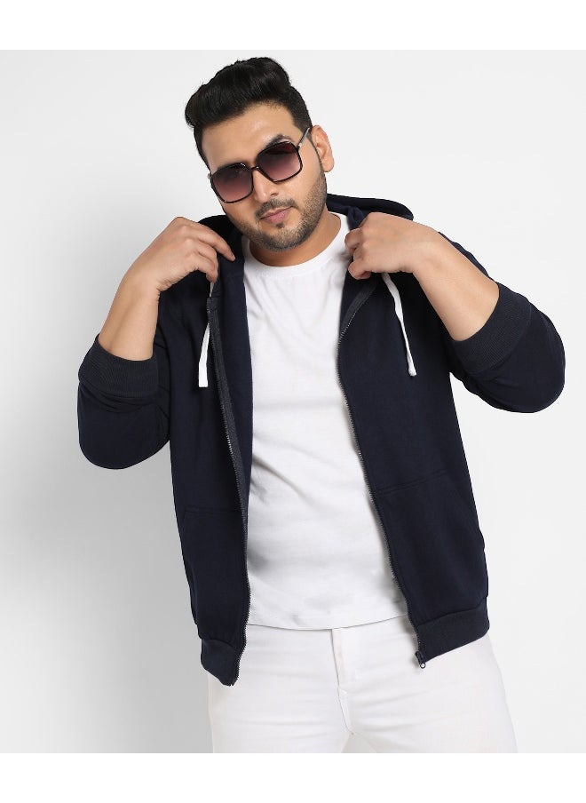 Instafab Plus Men's Navy Blue Zip-Front Hoodie With Contrast Drawstring