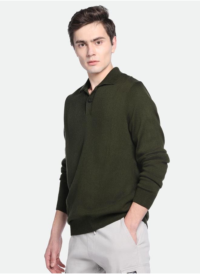 Olive Regular Fit Sweater for Men - 100% Acrylic, Solid, Shirt Collar, Full Sleeves, Casual, Machine Wash