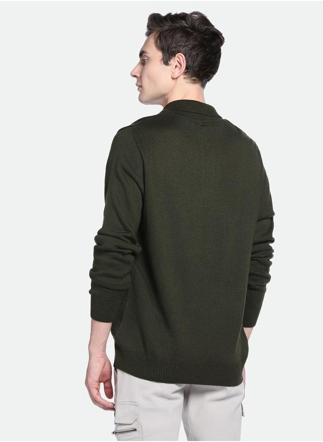 Olive Regular Fit Sweater for Men - 100% Acrylic, Solid, Shirt Collar, Full Sleeves, Casual, Machine Wash