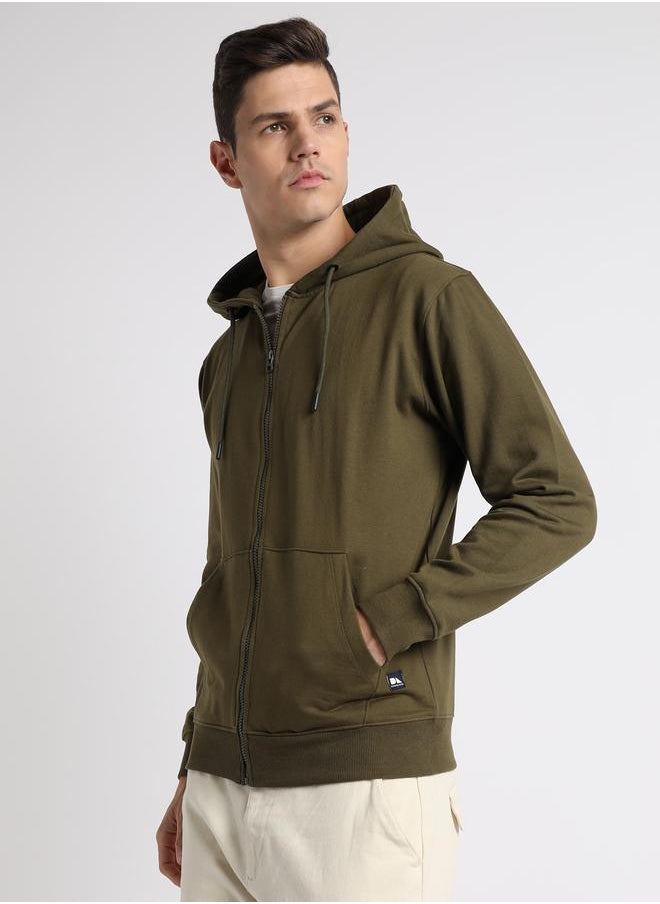 Regular Fit Olive Solid Hooded Sweatshirt for Men - Polycotton, Full Sleeves