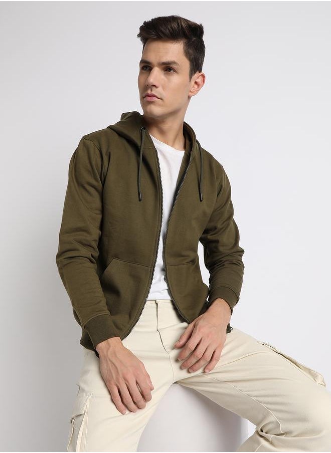 Regular Fit Olive Solid Hooded Sweatshirt for Men - Polycotton, Full Sleeves