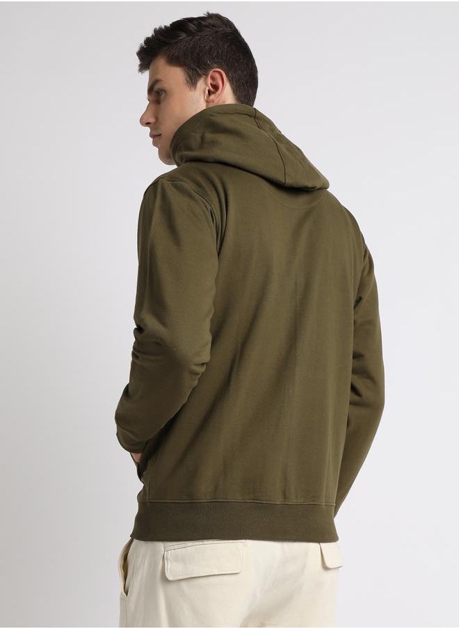 Regular Fit Olive Solid Hooded Sweatshirt for Men - Polycotton, Full Sleeves