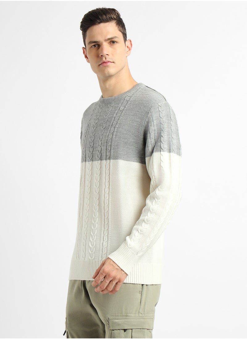 Off White Regular Fit Sweater for Men - 100% Acrylic, Colourblocked, Round Neck, Full Sleeves, Casual, Machine Wash