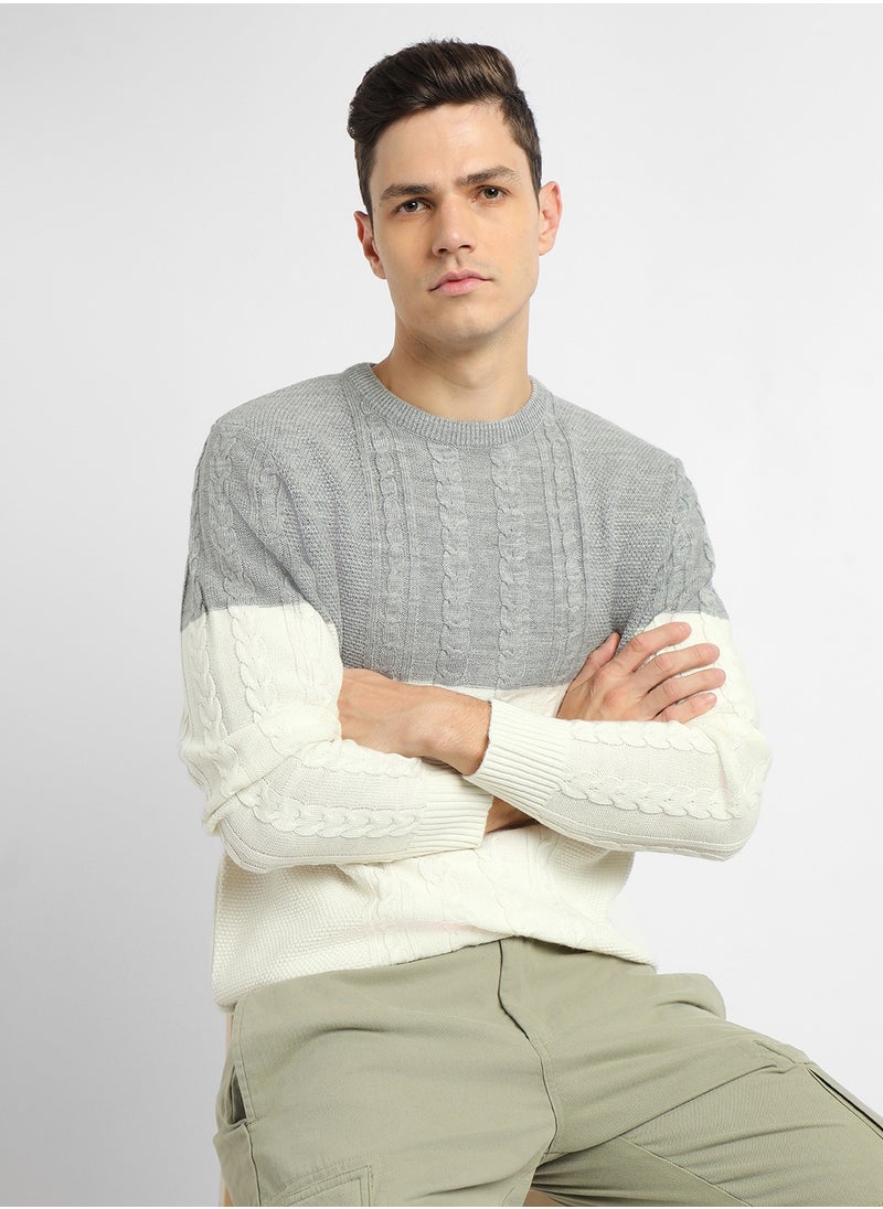 Off White Regular Fit Sweater for Men - 100% Acrylic, Colourblocked, Round Neck, Full Sleeves, Casual, Machine Wash