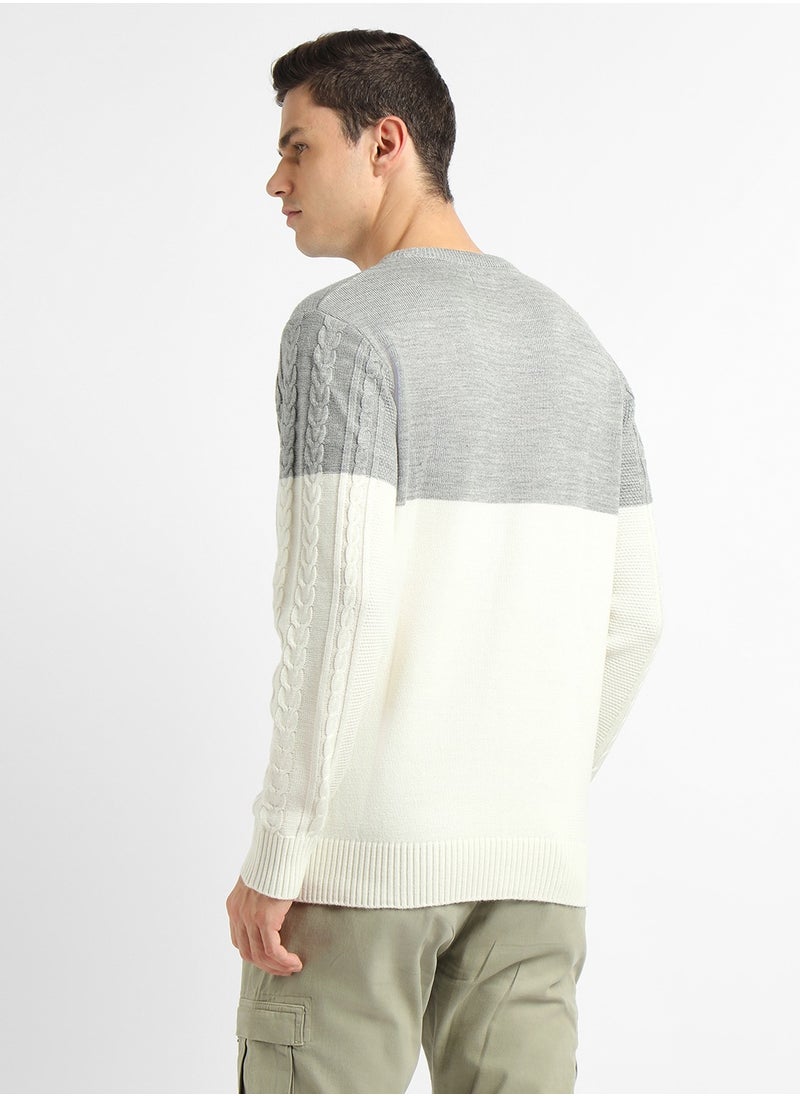 Off White Regular Fit Sweater for Men - 100% Acrylic, Colourblocked, Round Neck, Full Sleeves, Casual, Machine Wash