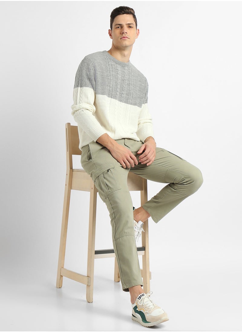 Off White Regular Fit Sweater for Men - 100% Acrylic, Colourblocked, Round Neck, Full Sleeves, Casual, Machine Wash