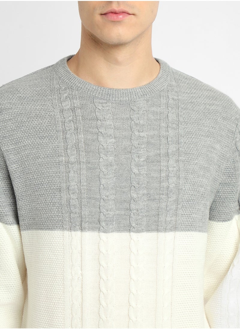 Off White Regular Fit Sweater for Men - 100% Acrylic, Colourblocked, Round Neck, Full Sleeves, Casual, Machine Wash