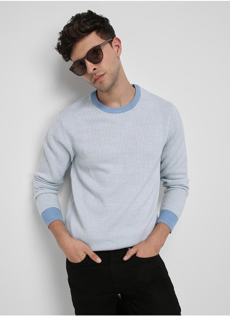 Light Blue Regular Fit Sweater for Men - 100% Acrylic, Self Design, Round Neck, Full Sleeves, Casual, Machine Wash