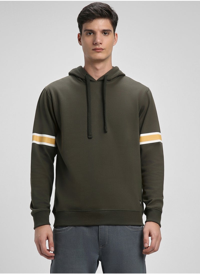 Regular Fit Olive Hooded Sweatshirt for Men - Polycotton, Colourblocked, Full Sleeves, Knitted Fabric