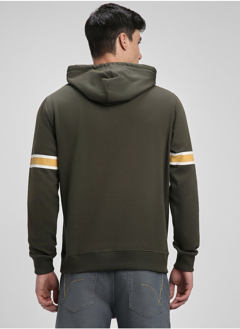 Regular Fit Olive Hooded Sweatshirt for Men - Polycotton, Colourblocked, Full Sleeves, Knitted Fabric