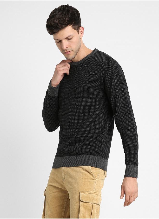 Black Regular Fit Sweater for Men - 100% Acrylic, Self Design, Round Neck, Full Sleeves, Casual, Machine Wash