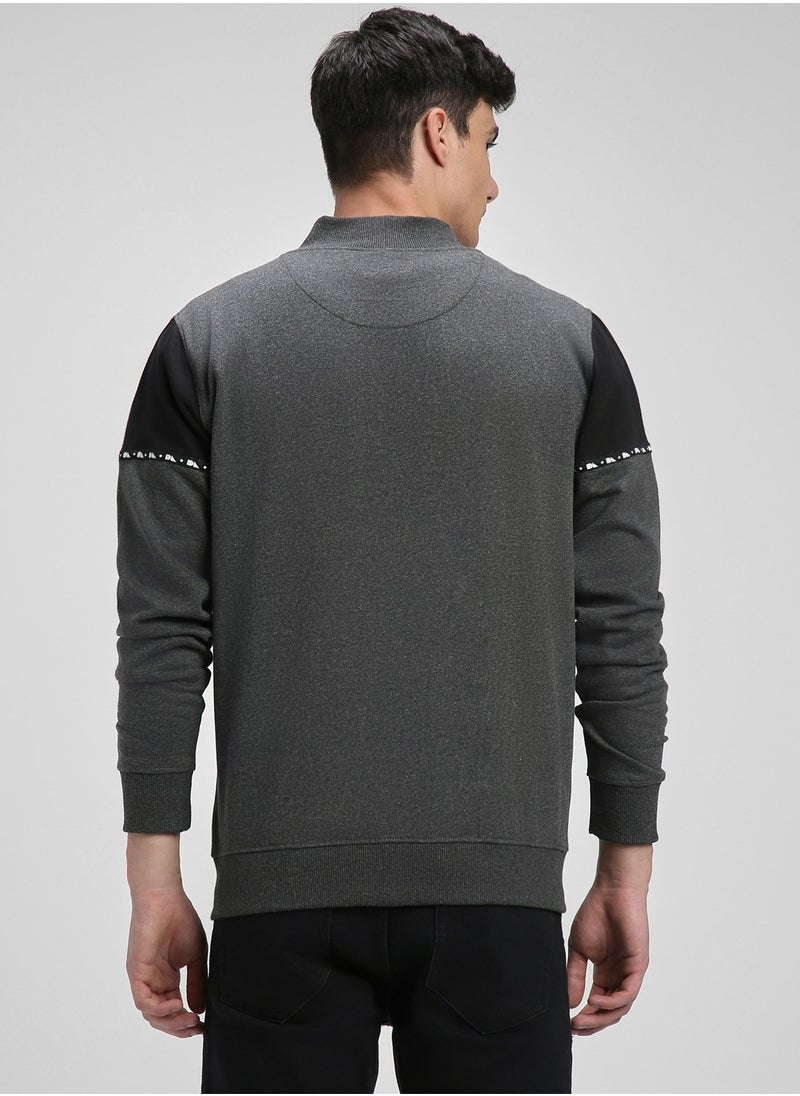 Regular Fit Dark Grey Mock Neck Sweatshirt for Men - Polycotton, Solid, Full Sleeves, Knitted Fabric