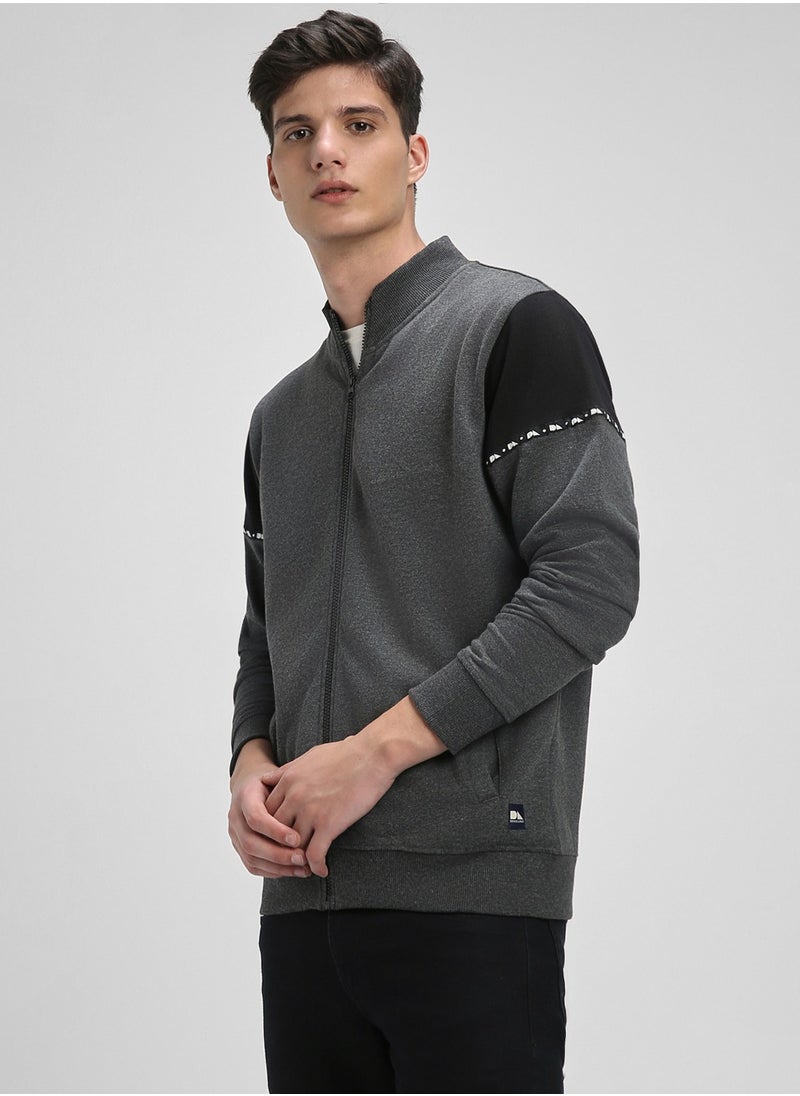 Regular Fit Dark Grey Mock Neck Sweatshirt for Men - Polycotton, Solid, Full Sleeves, Knitted Fabric