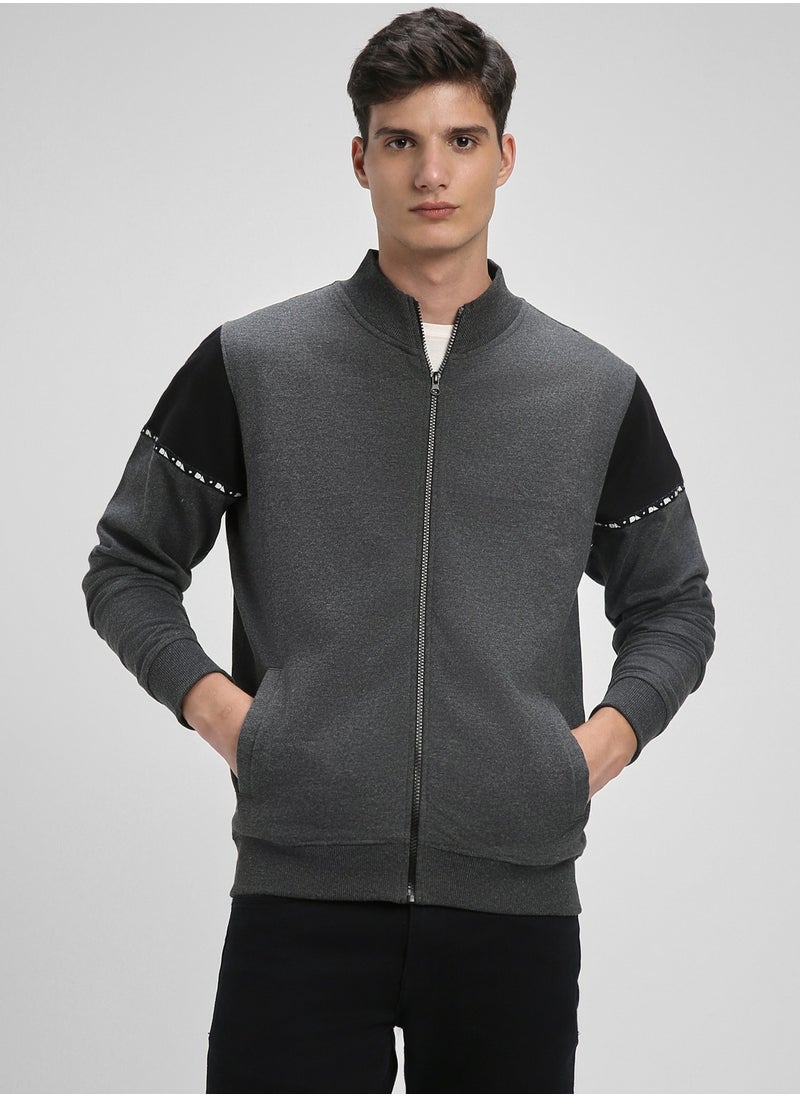 Regular Fit Dark Grey Mock Neck Sweatshirt for Men - Polycotton, Solid, Full Sleeves, Knitted Fabric