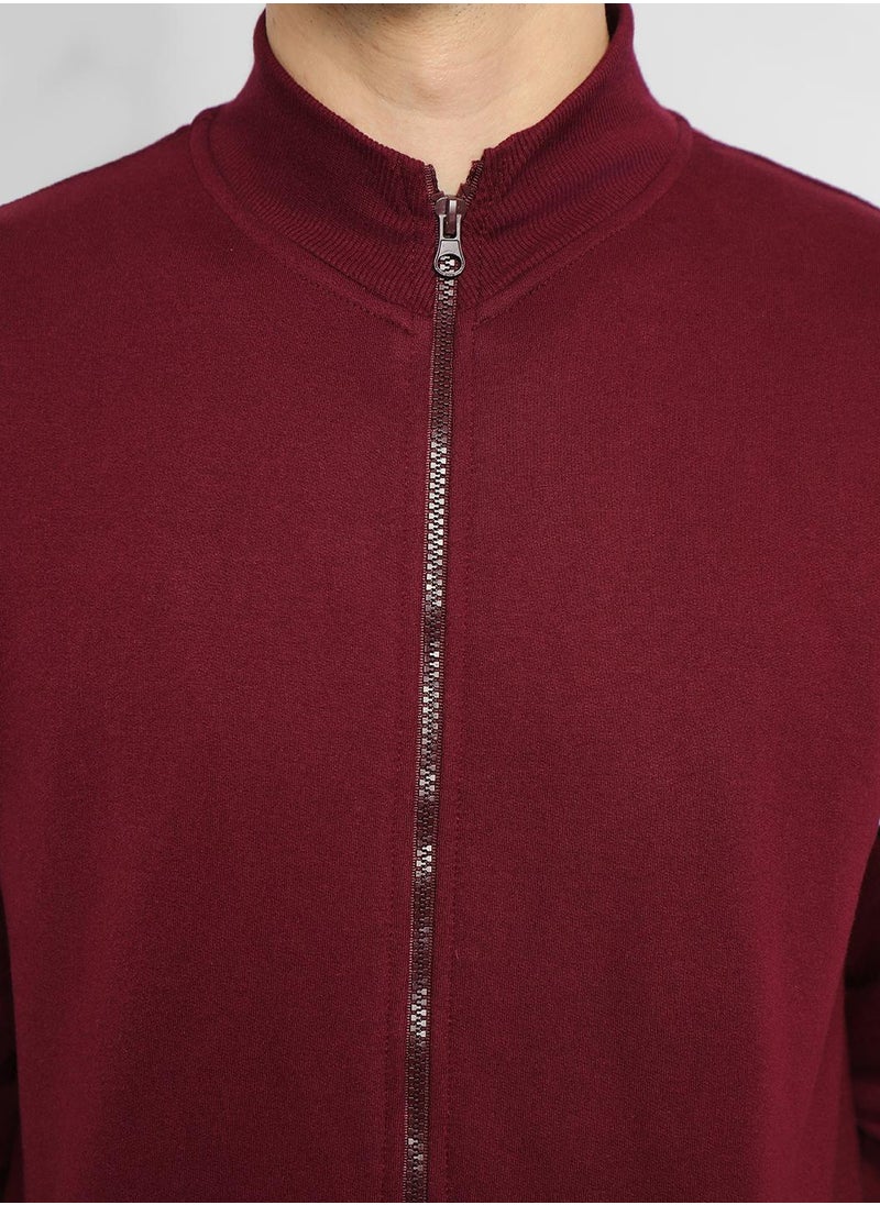 Regular Fit Maroon Mock Neck Sweatshirt for Men - Polycotton, Solid, Full Sleeves, Knitted Fabric