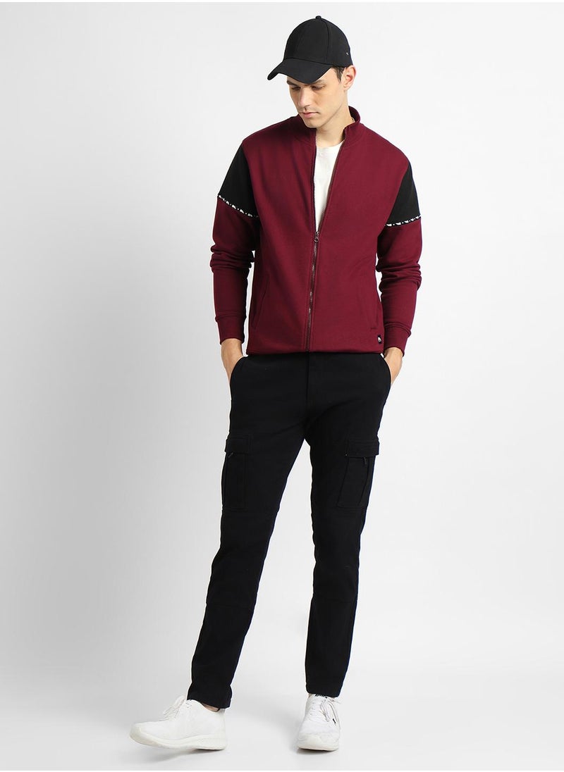 Regular Fit Maroon Mock Neck Sweatshirt for Men - Polycotton, Solid, Full Sleeves, Knitted Fabric