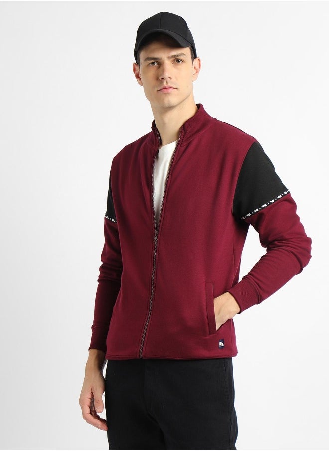 Regular Fit Maroon Mock Neck Sweatshirt for Men - Polycotton, Solid, Full Sleeves, Knitted Fabric