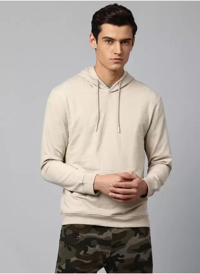 Regular Fit Stone Beige Sweatshirt for Men - Polycotton, Solid, Hooded, Full Sleeves, Knitted Fabric