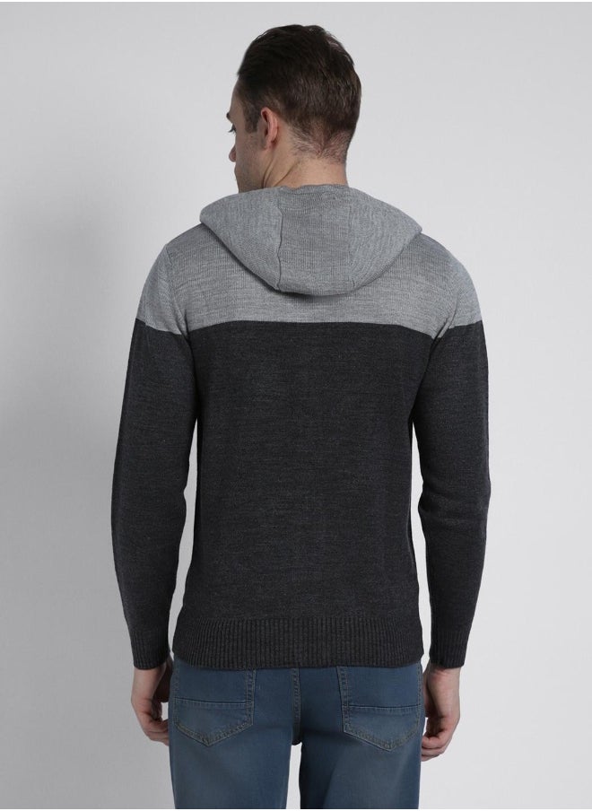 Light Grey Mel Regular Fit Sweater for Men - 100% Acrylic, Colourblocked, Hooded, Full Sleeves, Casual, Machine Wash