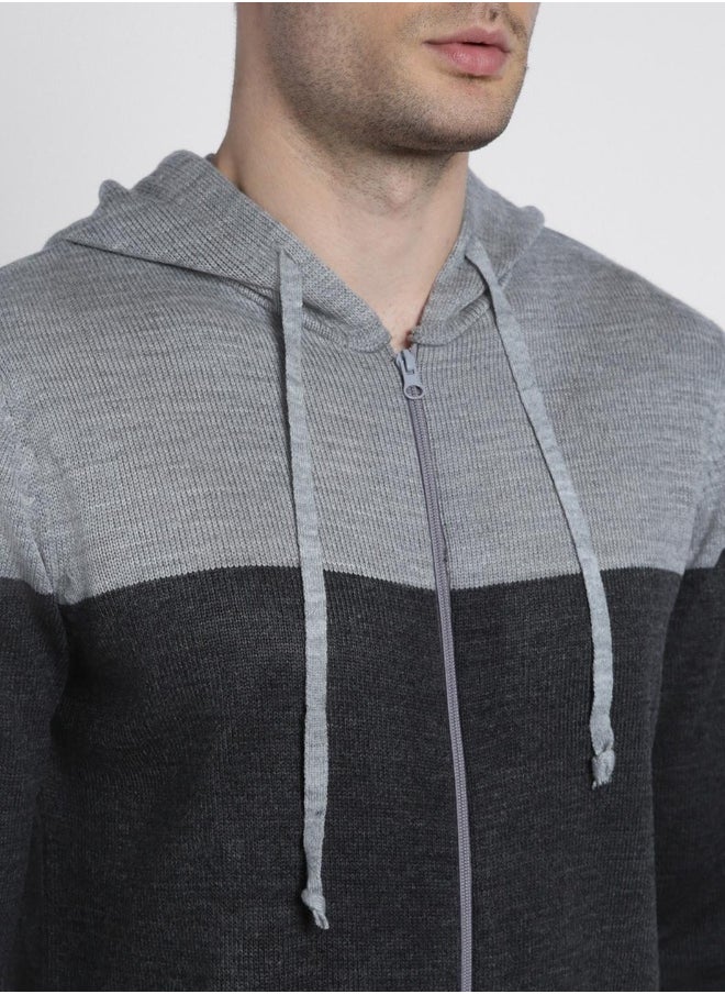 Light Grey Mel Regular Fit Sweater for Men - 100% Acrylic, Colourblocked, Hooded, Full Sleeves, Casual, Machine Wash