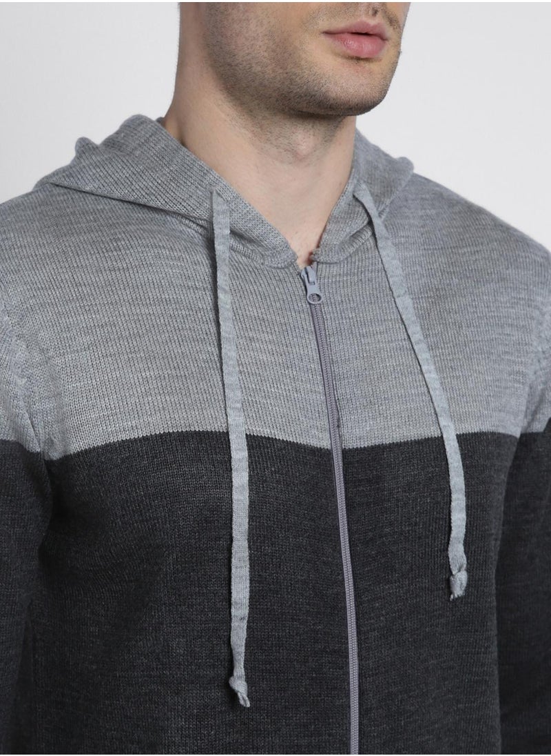 Light Grey Mel Regular Fit Sweater for Men - 100% Acrylic, Colourblocked, Hooded, Full Sleeves, Casual, Machine Wash