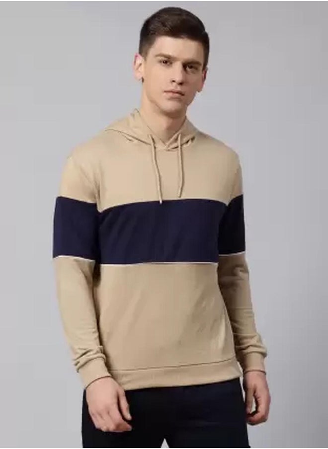 Regular Fit Khaki Sweatshirt for Men - Polycotton, Colourblocked, Hooded, Full Sleeves, Knitted Fabric