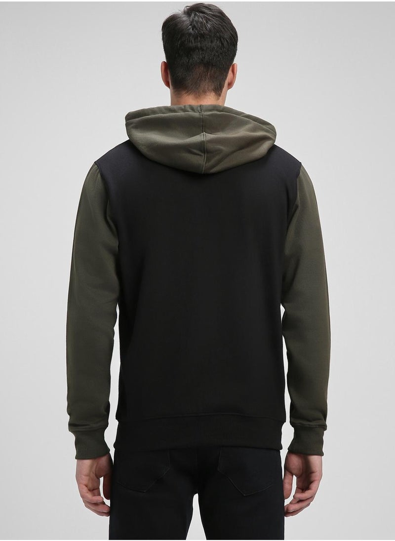 Regular Fit Black Colourblocked Hooded Sweatshirt for Men - Polycotton, Full Sleeves