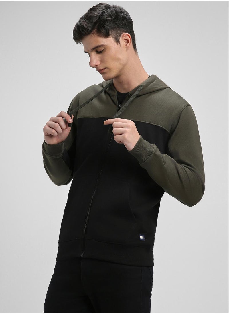 Regular Fit Black Colourblocked Hooded Sweatshirt for Men - Polycotton, Full Sleeves