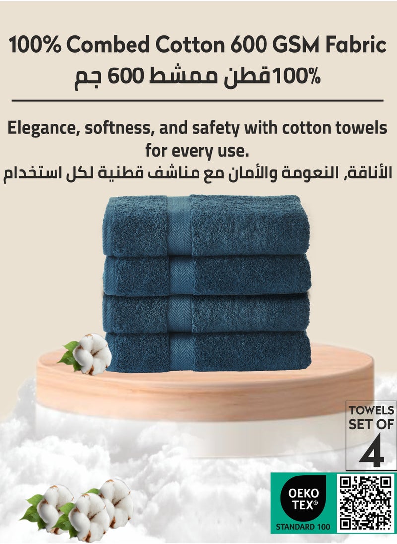 Premium 100 % Combed Cotton 4-Pcs Hand Towel Set (50 X 90 CM) 600 GSM Super Soft Hand Towel, Highly Absorbent, Quick Dry,Best Towel for Bathroom, Spa And Hotel,Dark Blue