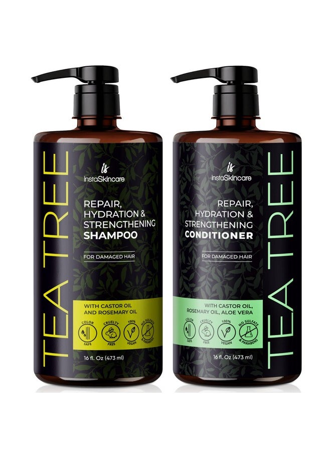 Tea Tree Shampoo And Conditioner Set With Castor Oil, Rosemary Oil For Hair Growth - For All Hair Types, Paraben & Sulfate Free 16 Oz Package May Vary