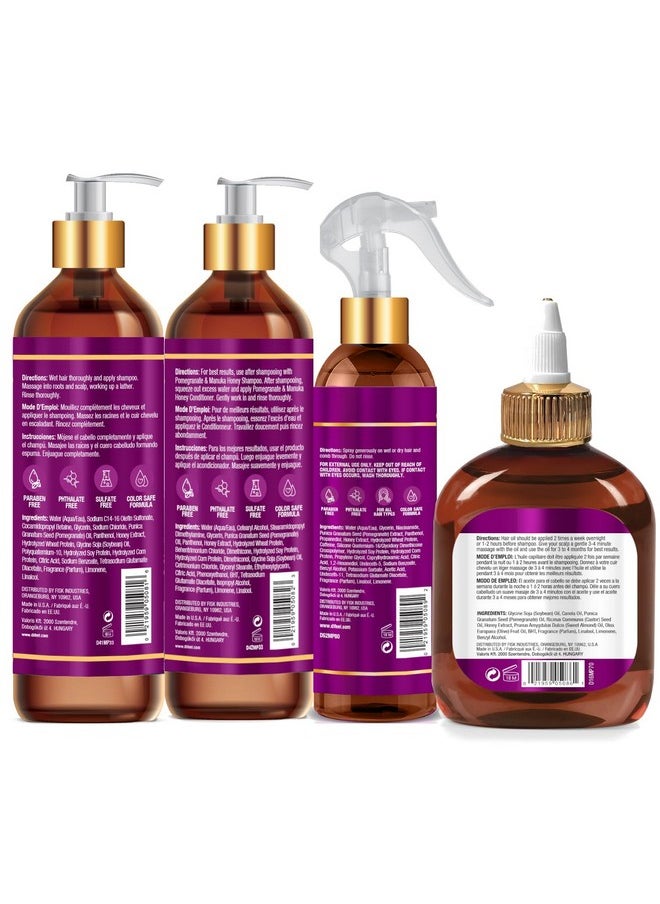 Pomegranate & Manuka Honey Shampoo & Conditioner 4-Pc Set - Includes 33.8Oz Shampoo, 33.8Oz Conditioner, 8Oz Leave In Spray And 7.1Oz Hair Oil